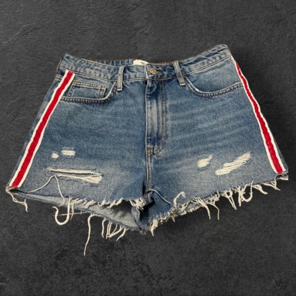Forever 21 Pants - Red/White Striped High Waisted Distressed Denim Shorts